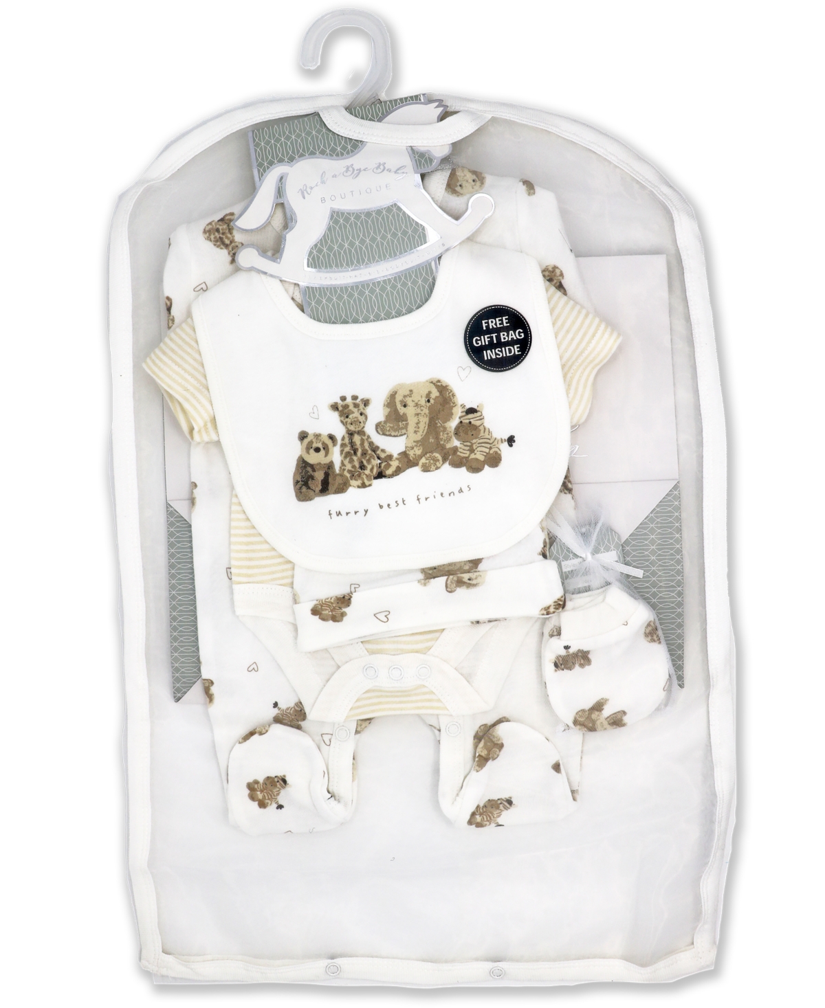 Baby Boys and Girls Furry Besties Layette Gift in Mesh Bag, 5 Piece Set - Cream and White