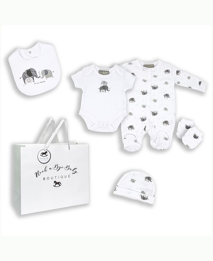 RockABye Baby Boutique Baby Boys and Girls Elephant Family Layette Gift in Mesh Bag, 5 Piece