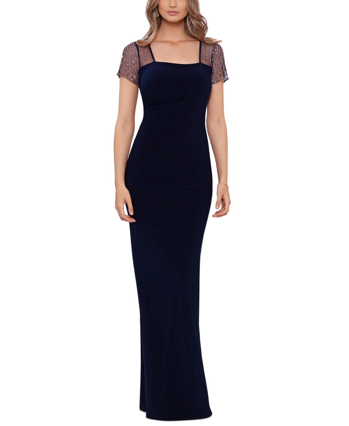 Betsy & Adam Petite Short Sleeve Mesh Gown - Navy/Silver