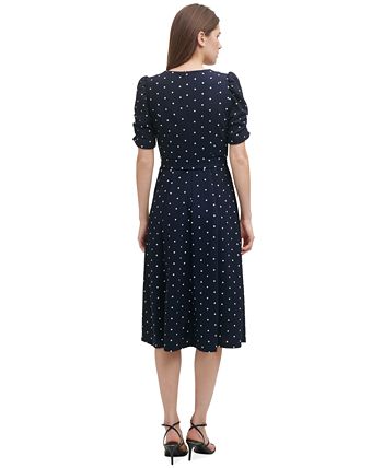 DKNY Petite Polka Dot Ruched Sleeve Midi Dress Macy s