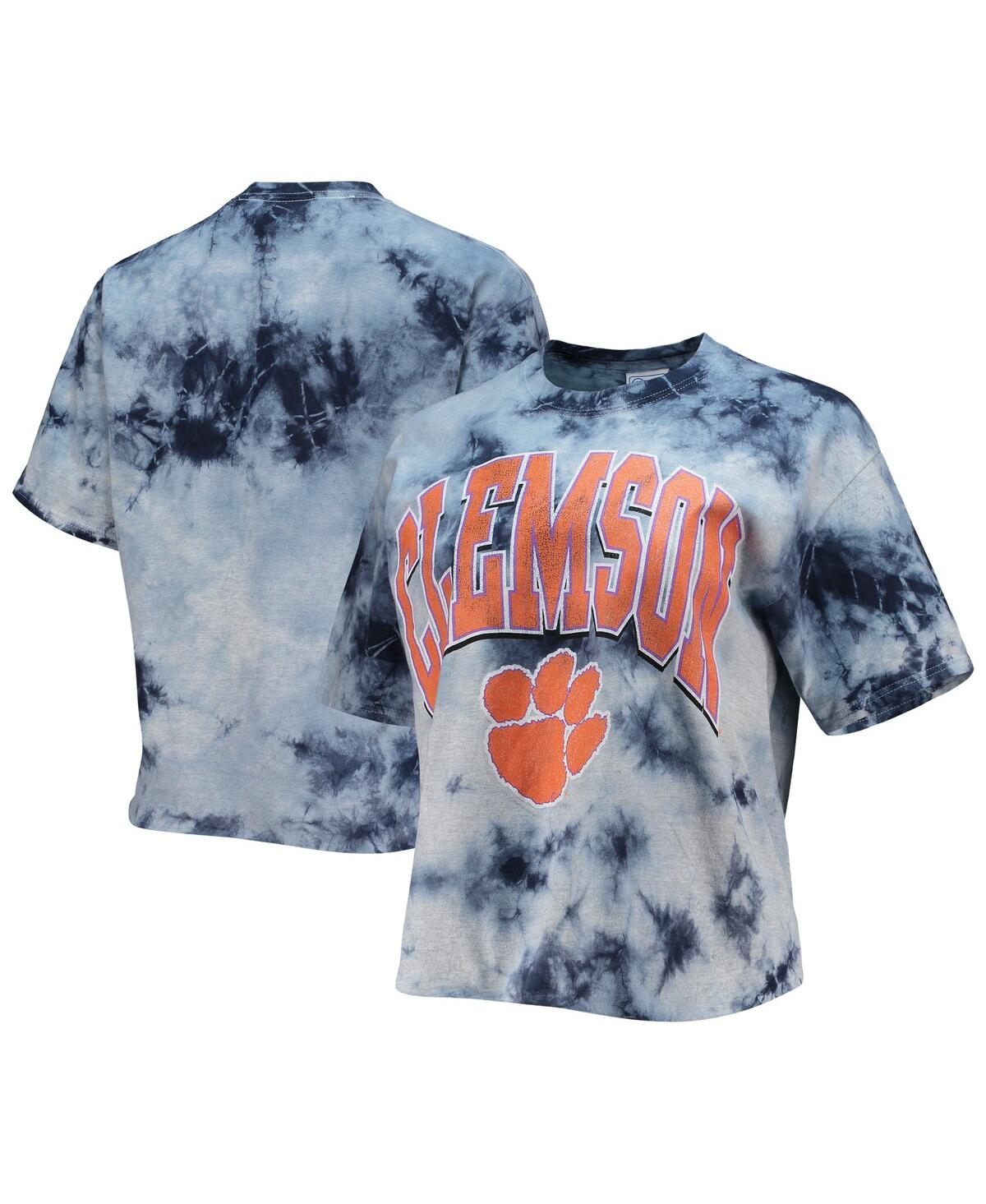 47 Brand Women's '47 White And Navy Clemson Tigers Vintage-like Tubular Tie-dye Crop T-shirt In White,navy