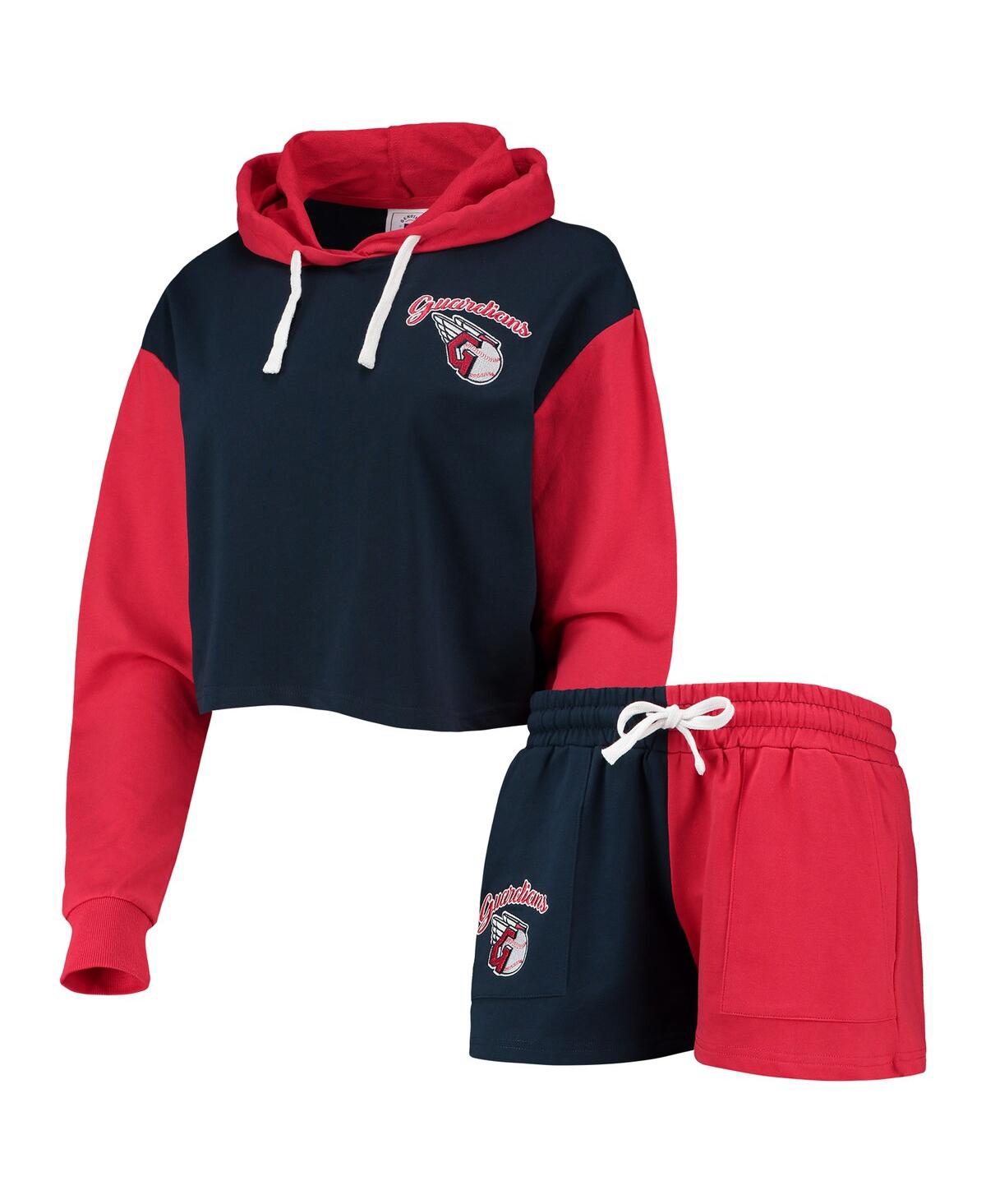 FOCO WOMEN'S FOCO NAVY, RED CLEVELAND GUARDIANS COLOR-BLOCK PULLOVER HOODIE AND SHORTS LOUNGE SET