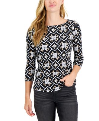 Charter Club - Petite Cotton Mixed-Print Boat-Neck Top