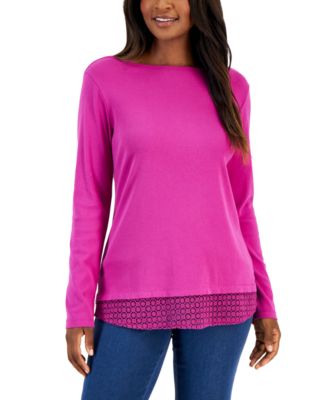 Karen Scott Women's Cotton Lace-Hem Top 