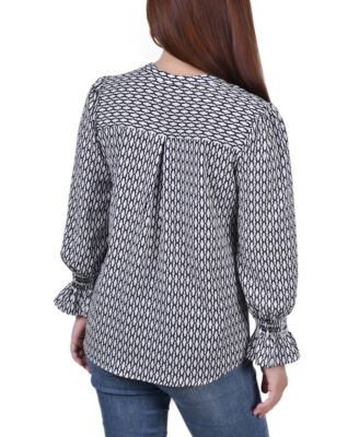 Petite Long Sleeve Y-Neck Blouse