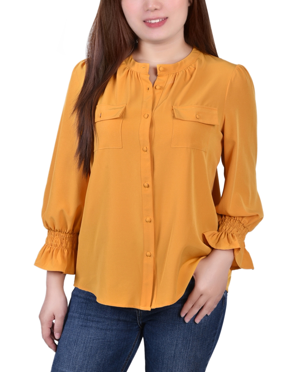 Shop Ny Collection Petite Long Sleeve Y-neck Blouse In Golden Glow