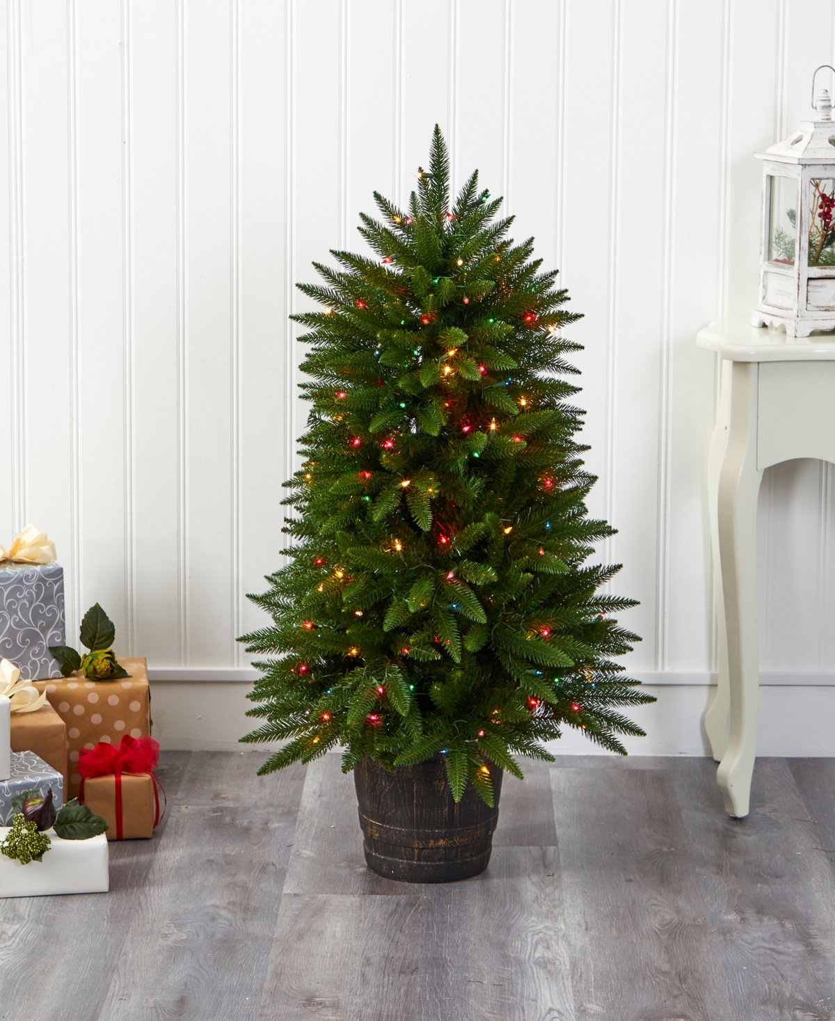 Sierra Fir Artificial Christmas Tree with Lights and Bendable Branches in Decorative Container,