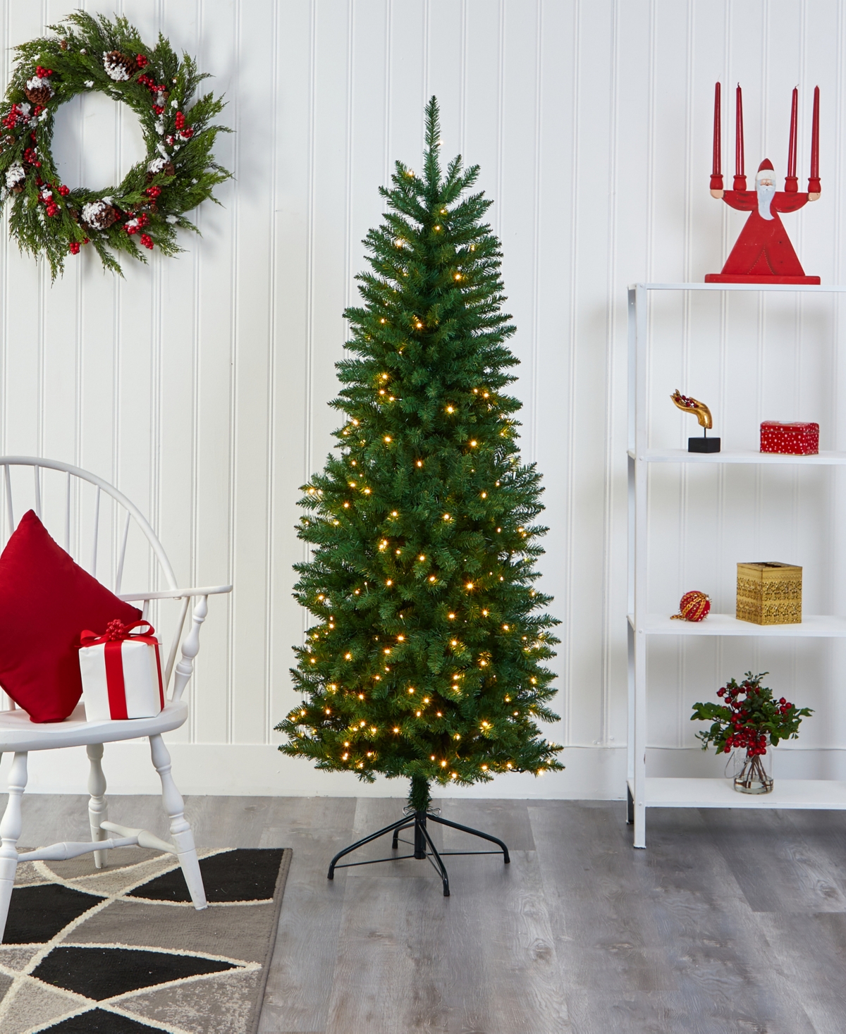 SlimMountain Pine Artificial Christmas Tree with Lights, - Green