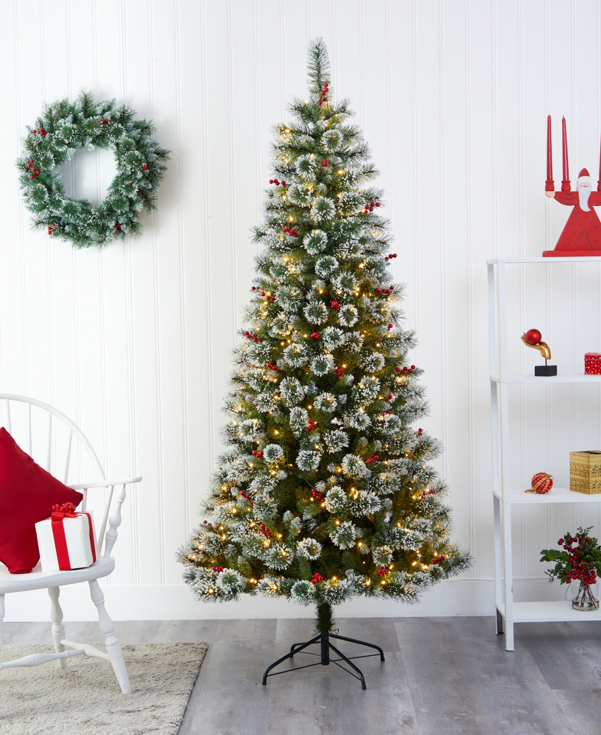 Frosted Swiss Pine Artificial Christmas Tree with Lights and Berries,