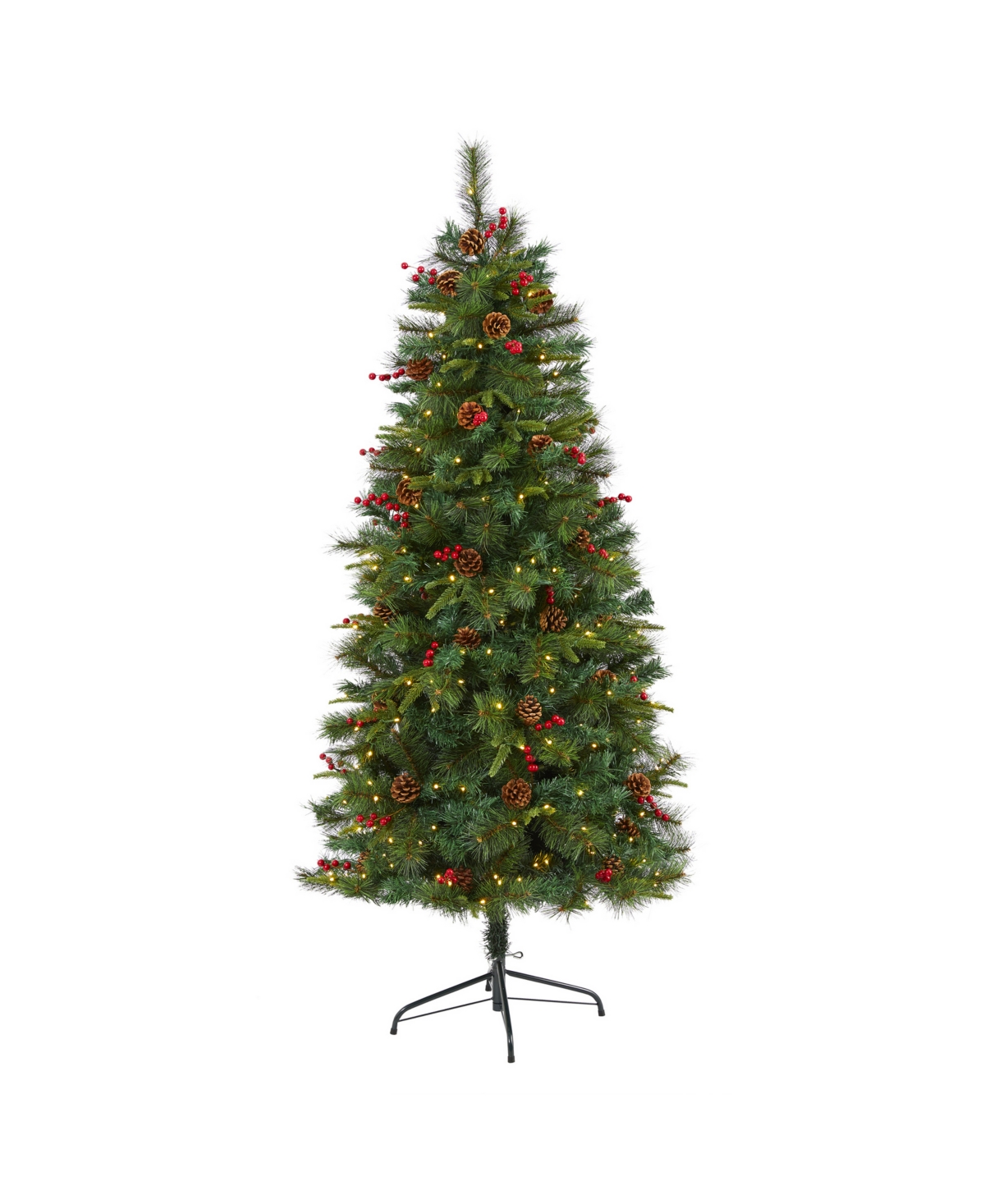 Mixed Pine Artificial Christmas Tree with Lights, Pinecones and Berries,