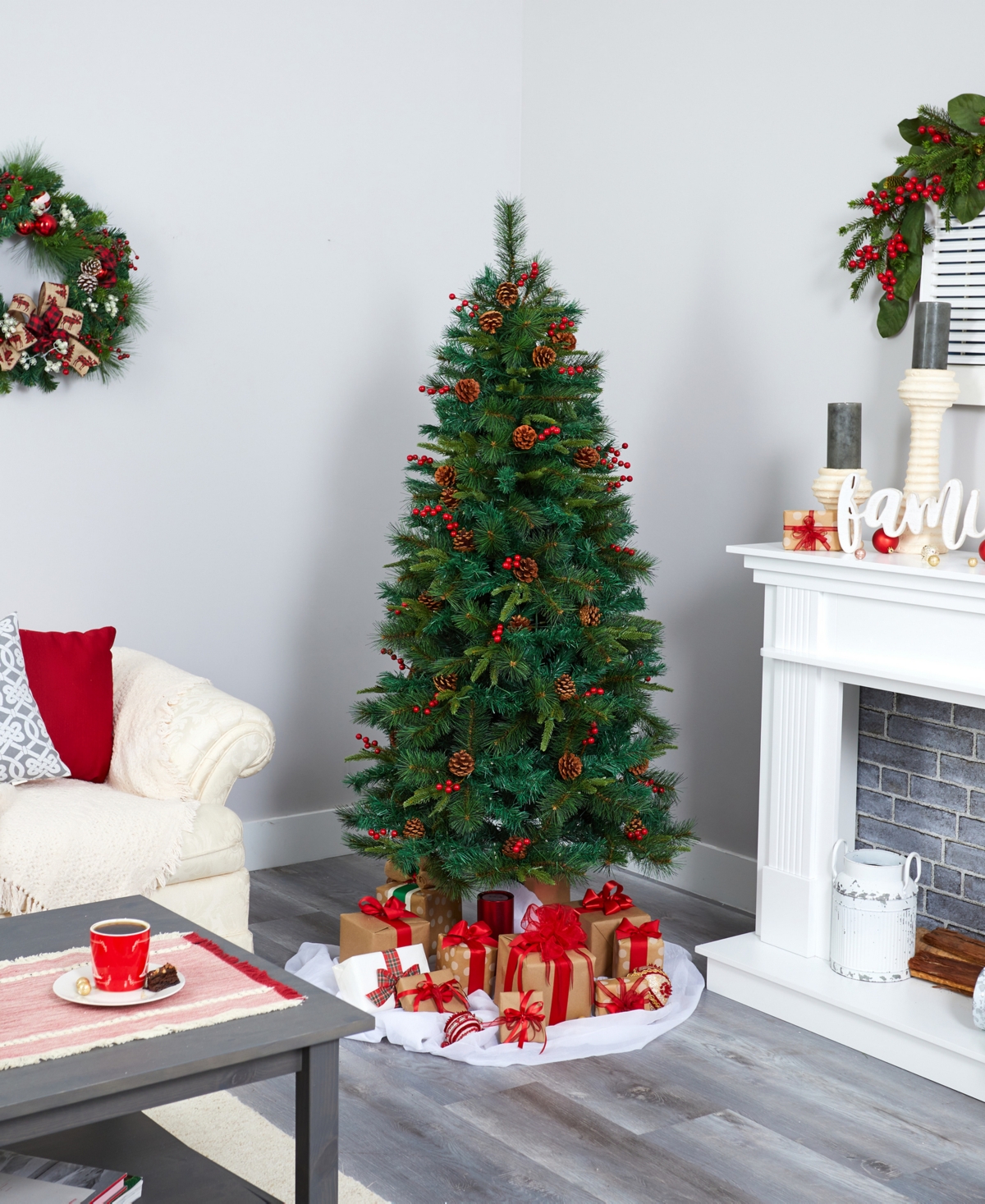 Mixed Pine Artificial Christmas Tree with Lights, Pinecones and Berries,