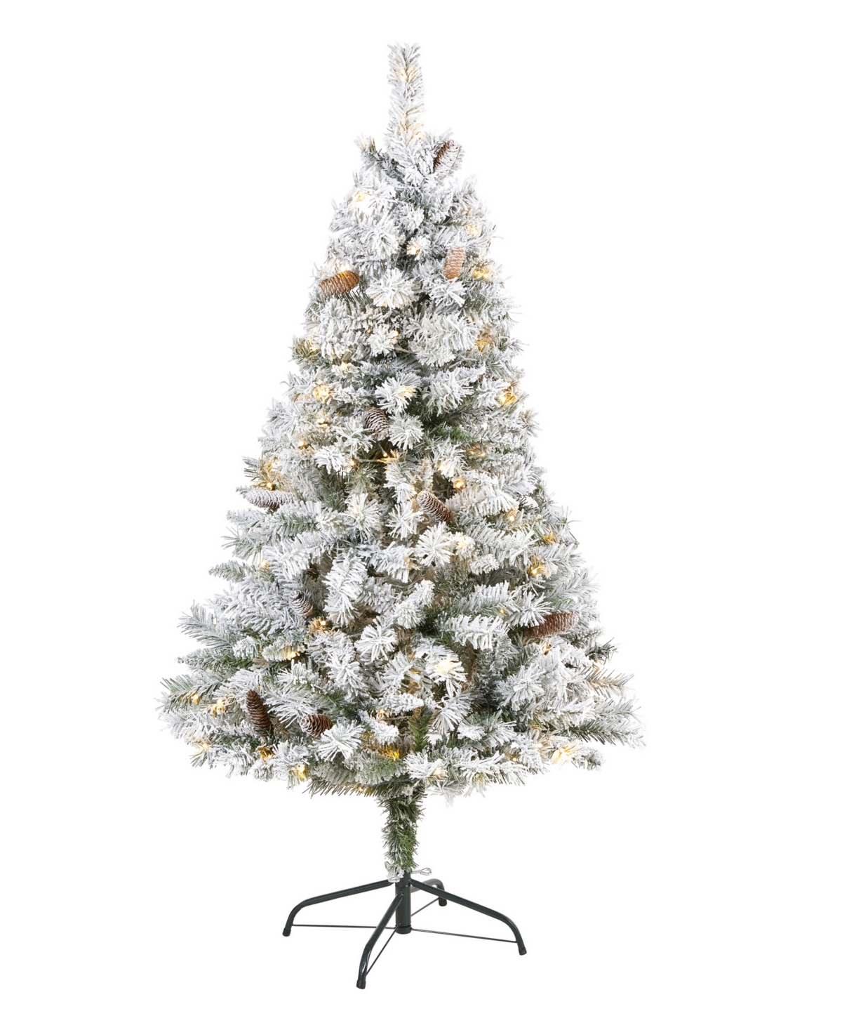 Nearly Natural Flocked River Mountain Pine Artificial Christmas Tree With Pinecones And Lights, 60" In Green