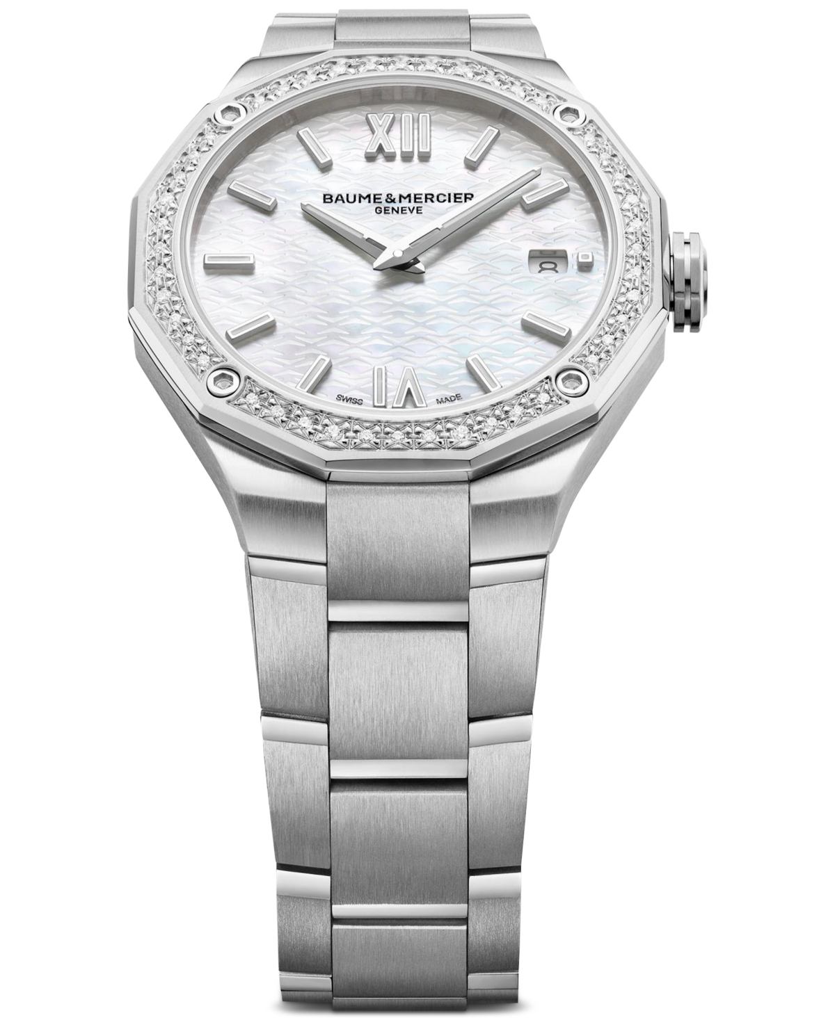 Shop Baume & Mercier Women's Swiss Riviera Diamond (1/5 Ct. T.w.) Stainless Steel Steel Bracelet Watch 36mm In Silver