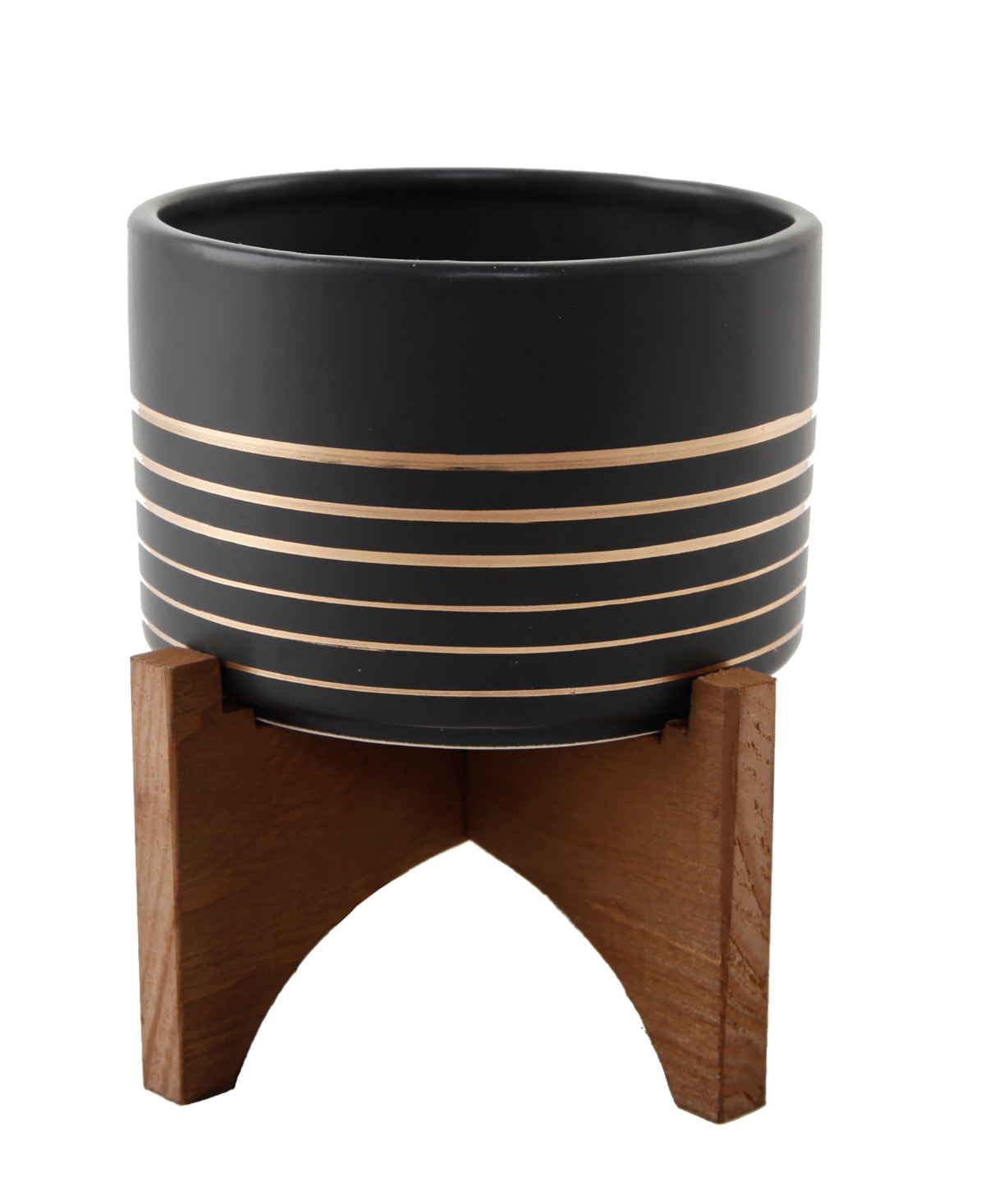 Ceramic Planter on Wood Stand, 5.5" - Black and Gold-Tone