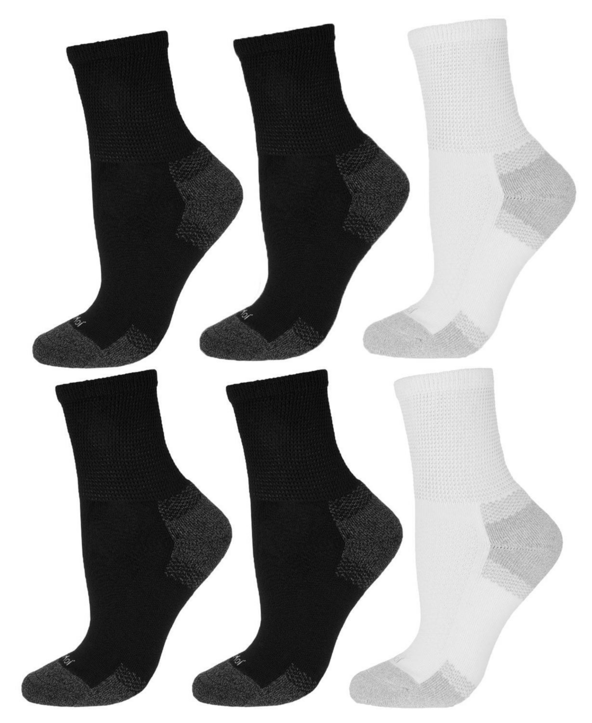 Men's Diabetic Half Cushion Quarter 6 Pair Pack Socks - Diabetic-Black-Black-white