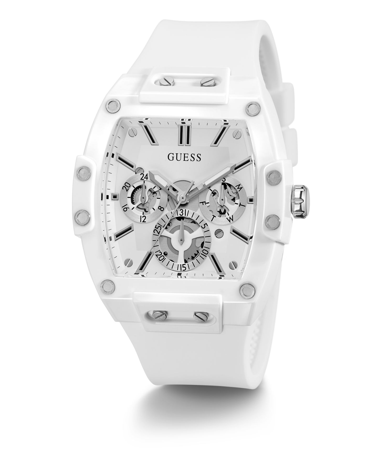 Мужские многофункциональные наручные часы Guess с белым силиконовым ремешком, 43 мм — фото 5