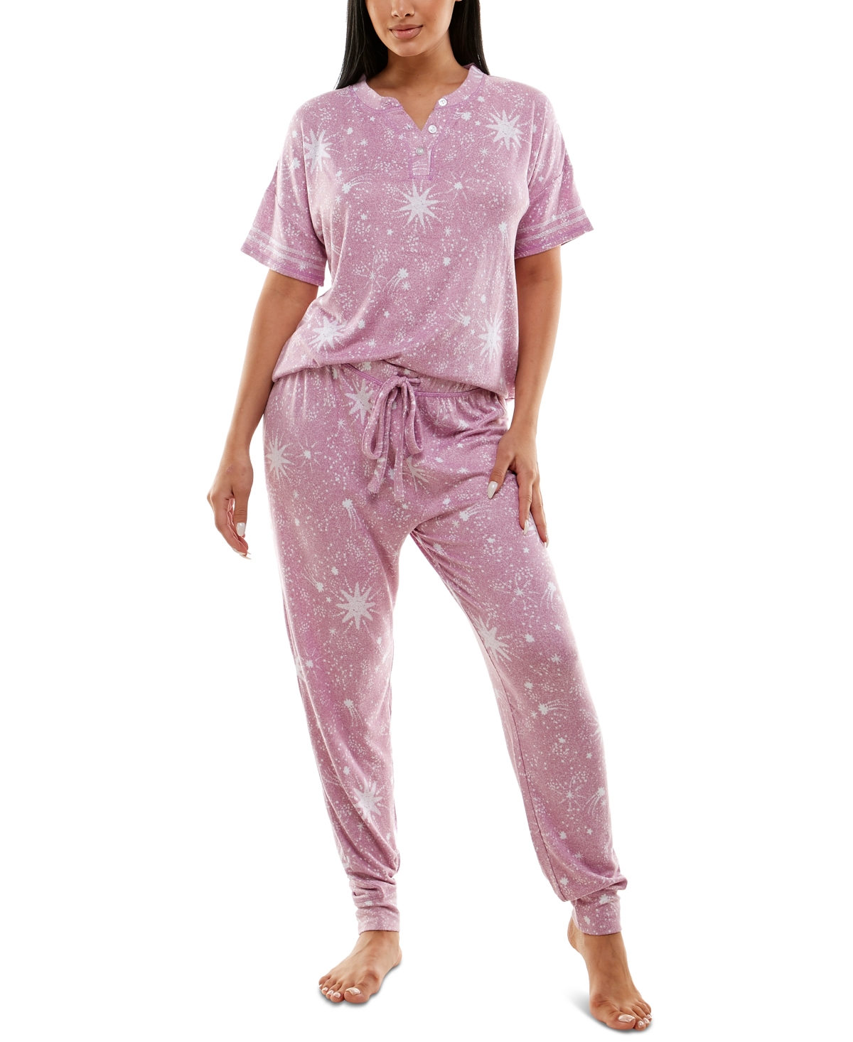 Roudelain Women's Whisper Luxe Henley Top & Jogger Pants Pajama Set In Sparkle Burst Celestial Mauve Mist