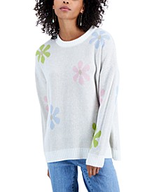 Juniors' Crewneck Flower Sweater
