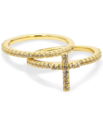 Macy's - 2-Pc. Set White Topaz Cross Ring & Band (1/4 ct. t.w.) in 14k Gold-Plated Sterling Silver