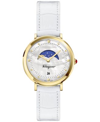 Ferragamo - Women's Swiss Logomania Moon Phase White Leather Strap Watch 36mm