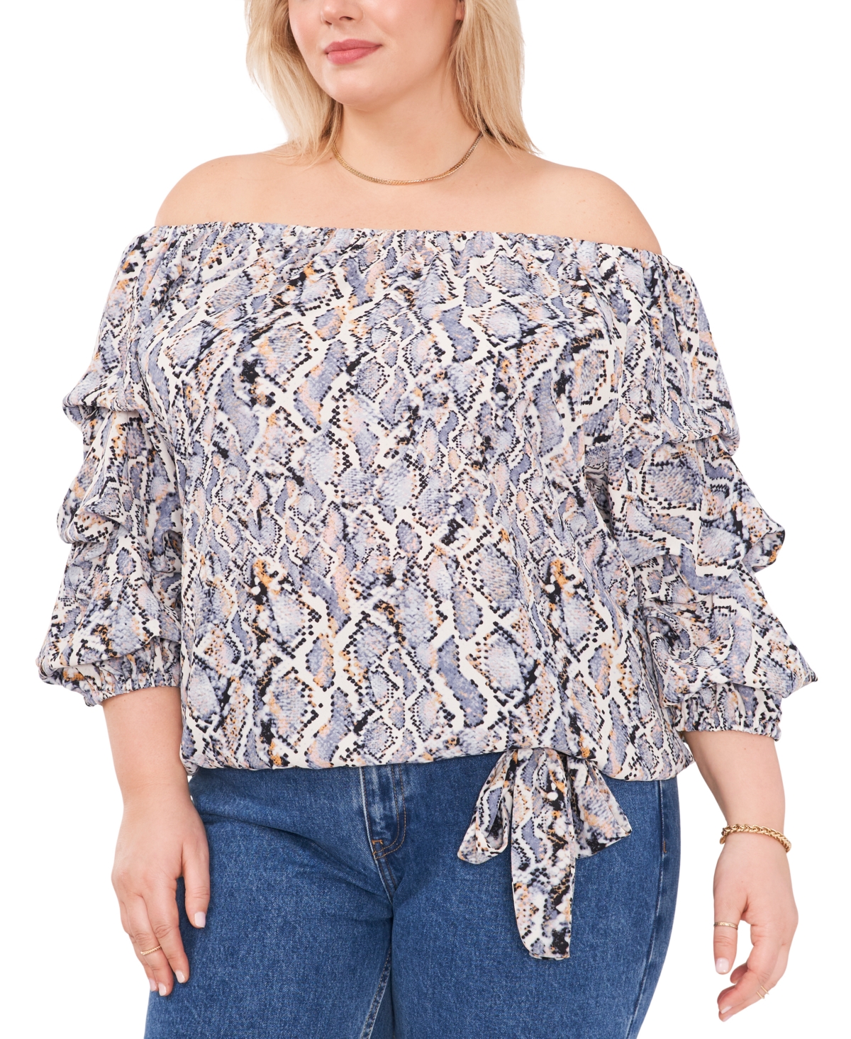 Vince Camuto Plus Size Snake-Print Off-The-Shoulder Balloon-Sleeve Blouse