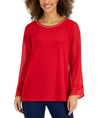 Jm Collection Petite Sequined-Trimmed Y-Neck 3/4-Sleeve Top