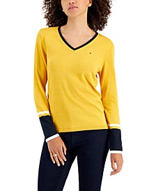 Women's Ivy Cotton V-Neck Tipped Sleeve Sweater