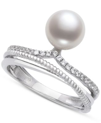 Belle de Mer - Cultured Freshwater Button Pearl (7mm) & Lab-Created White Sapphire (1/4 ct. t.w.) Multirow Statement Ring