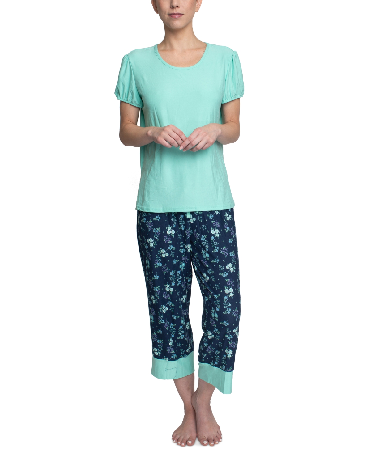 Hanes Plus Size Short Sleeve T-shirt & Capri Pants Pajama Set In Green