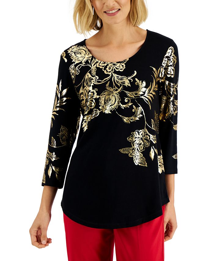 Jm Collection Petite Abstract-Print Tiered-Sleeve Top, Created for Macy's