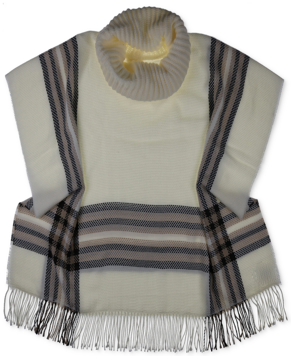 Fraas Women's Cowl-neck Fringe-trim Knit Plaid Poncho In Off-white