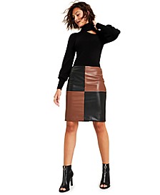 Women's Colorblocked Faux-Leather Pencil Skirt, Created for Macy's