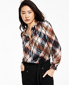 Women's Plaid Long-Sleeve Ruffled Tie-Neck Blouse, Created for Macy's