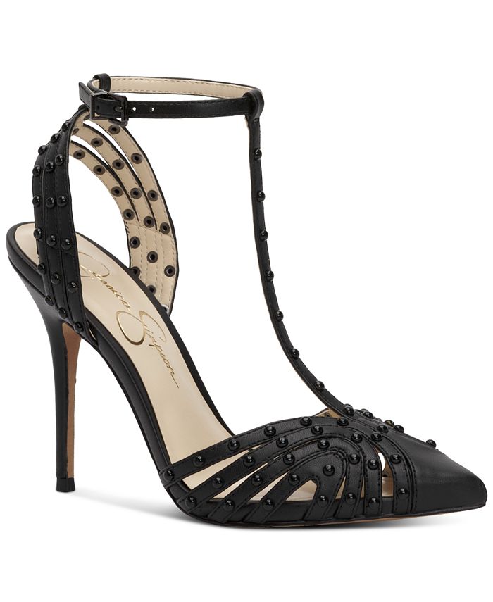 T strap discount studded heels