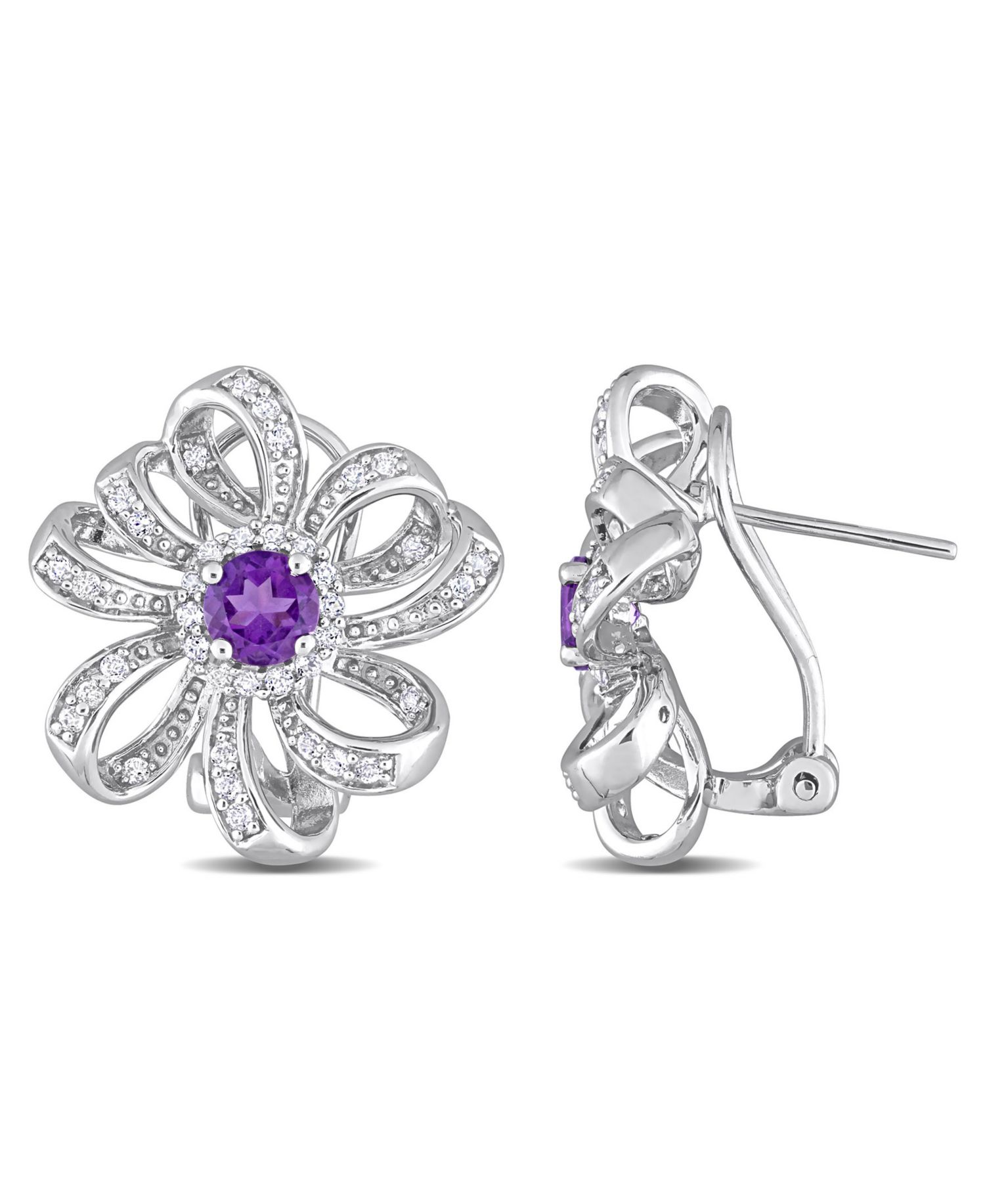 Amethyst (7/8 ct. t.w.) and White Topaz (3/4 ct. t.w.) Floral Earrings in Sterling Silver