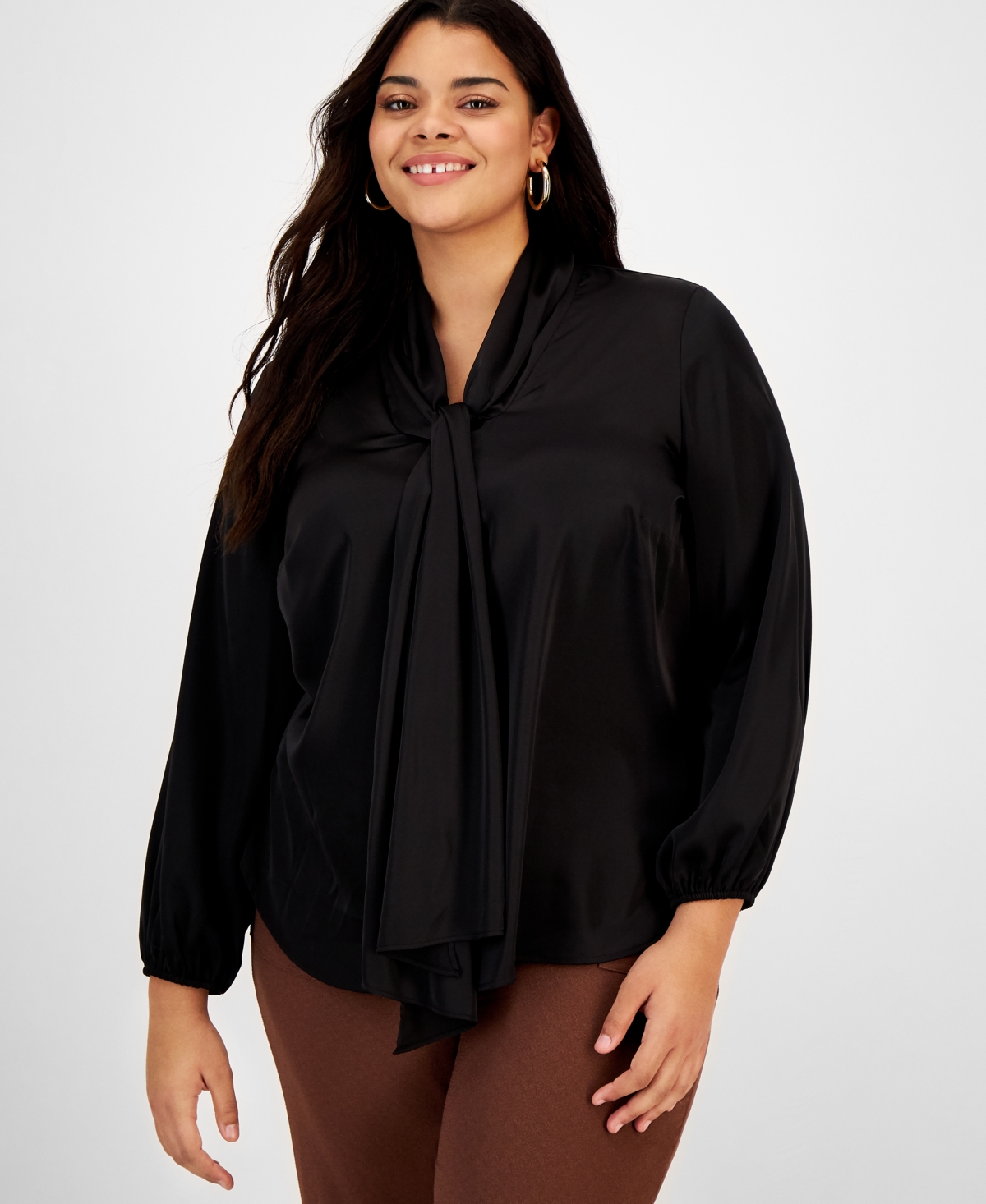 BAR III PLUS SIZE BOW-TIE LONG-SLEEVE BLOUSE, CREATED FOR MACY'S