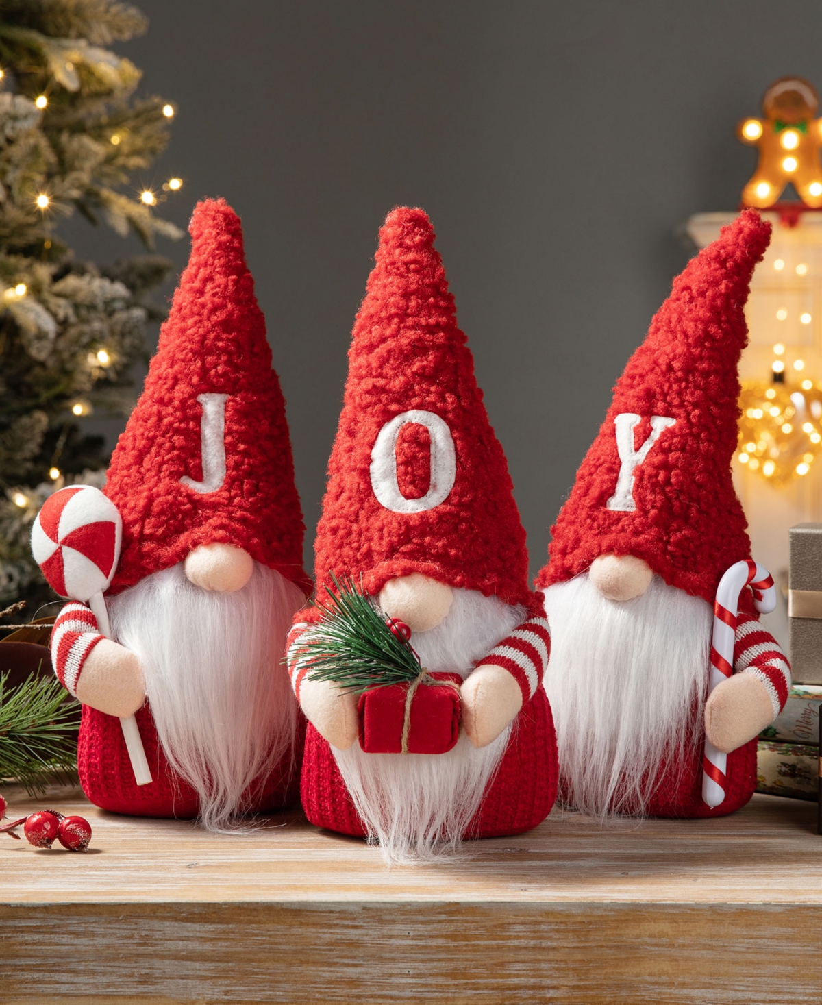 Glitzhome Fabric Joy Christmas Gnome Decor Set, 3 Piece