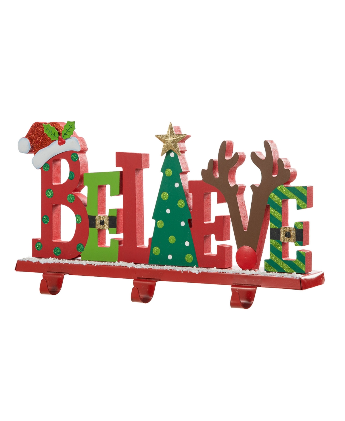 14.5" Wooden Metal Believe Christmas Stocking Holder - Multi