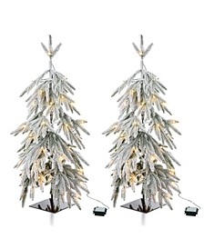 3' Pre-Lit Downward Wrapped Flocked Pine Artificial Christmas Greenery Table Tree with 50 Warm White Lights Set, 2 Piece
