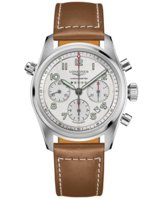 Longines - Men's Swiss Automatic Chronograph Brown Leather Strap Watch 42mm