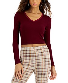 Juniors' Ribbed Cropped Lace-Trim Top
