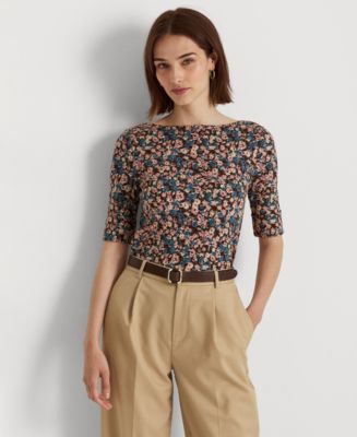 ラルフ・ローレン Lauren Ralph Lauren Plus Size Print ストレッチ Cotton Boatneck Tee レディー Lauren Ralph Lauren Plus Size Stretch Cotton Boat Neck Short