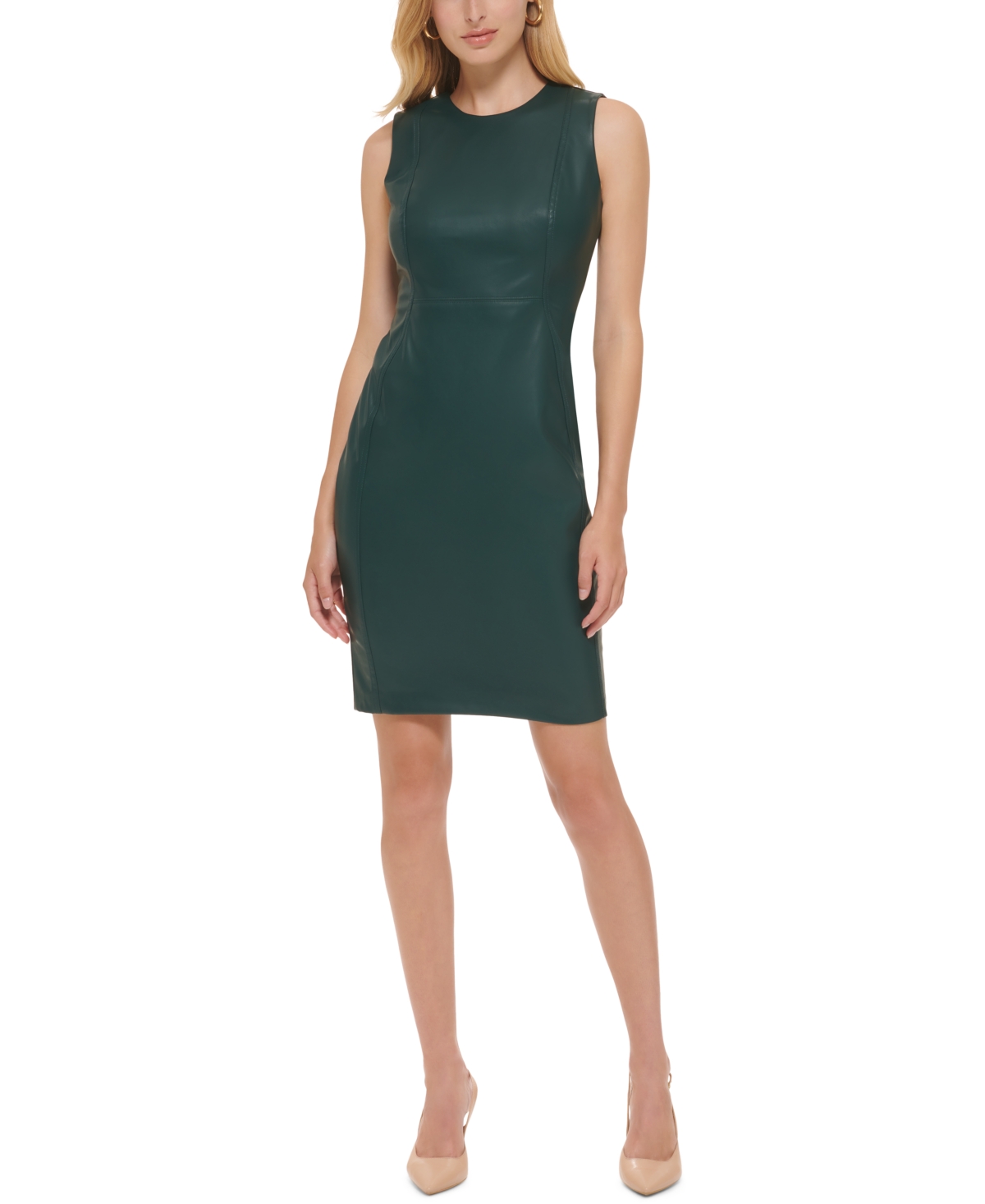Calvin Klein Faux Leather Sheath Dress In Malachite
