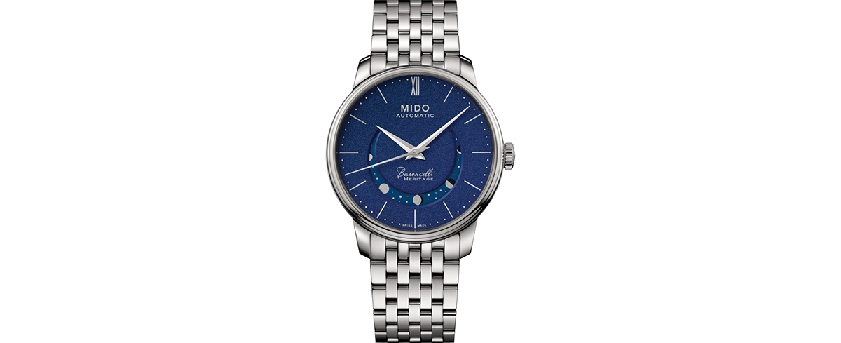 Shop Mido Men's Swiss Automatic Baroncelli Smiling Moon Stainless Steel Bracelet Watch 39mm In Blue
