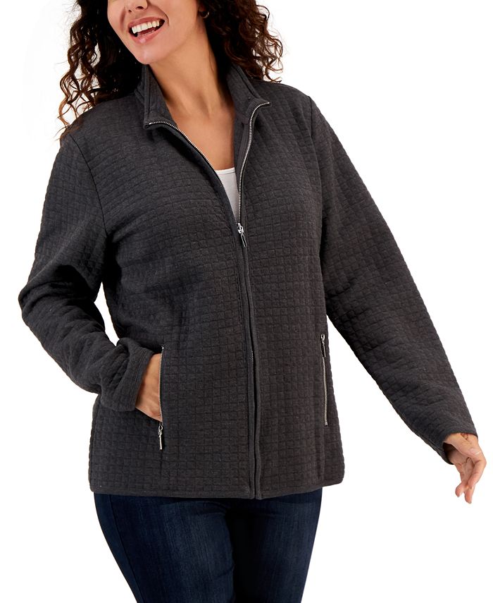 Karen Scott Quilted Fleece Jacket, Created for Macy's - Charcoal Heather - Size L