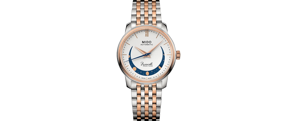Mido Women's Swiss Automatic Baroncelli Smiling Moon Two Tone Stainless Steel Bracelet Watch 33mm In White