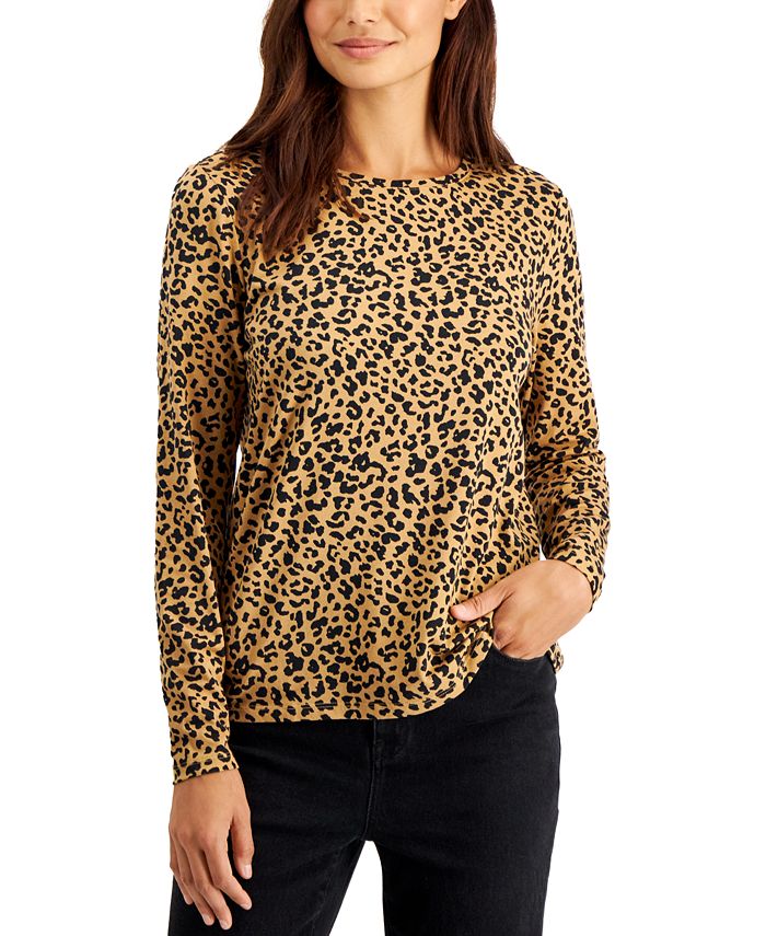 Style & Co Petite Classic Long-Sleeve Animal-Print T-Shirt, Created for ...