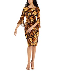 Women's Floral-Print Pleat-Front Flare-Sleeve Dress