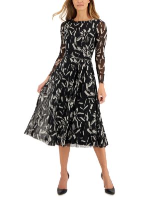 Anne Klein Women's Printed Mesh Tie-Waist Midi Dress - Macy's