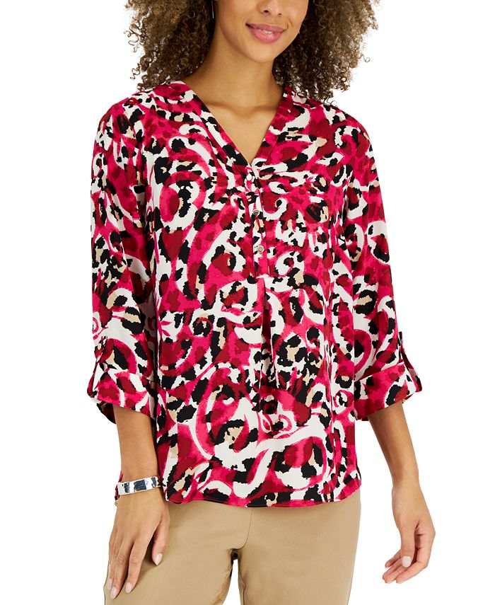 JM Collection Women's AnimalPrint RollTabSleeve Top, Created for